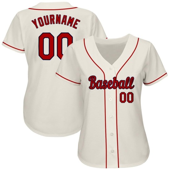 Camiseta de béisbol auténtica personalizada en tonos crema, rojo y azul marino