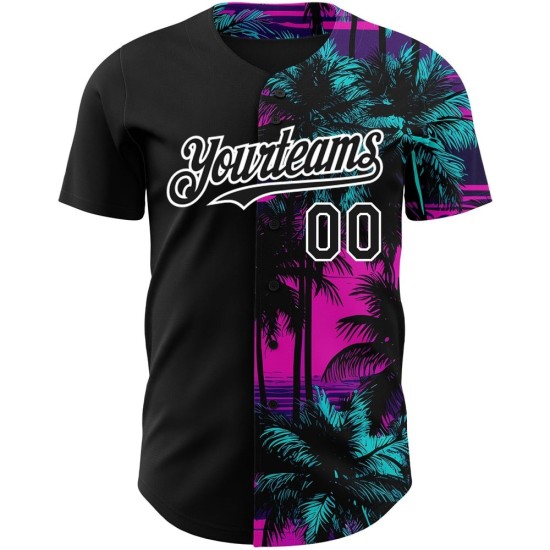 Jersey 3D Playa Rosa Árboles Diseño Auténtico Béisbol Palma Patrón Blanco y Negro Hawaiano Personalizado