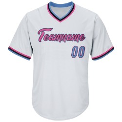 Camiseta de punto acanalado, auténtica, ligera, estilo béisbol retro, personalizada, blanca, azul y rosa Camiseta de punto acanalado, auténtica, ligera, estilo béisbol retro, personalizada, blanca, azul y rosa