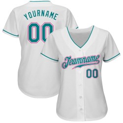 Camiseta de béisbol personalizada auténtica en color verde azulado y rosa, blanca Camiseta de béisbol personalizada auténtica en color verde azulado y rosa, blanca