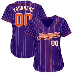 Camiseta de béisbol morada auténtica personalizada con rayas blancas y naranjas Camiseta de béisbol morada auténtica personalizada con rayas blancas y naranjas