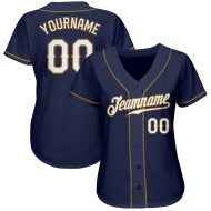 Camiseta de béisbol auténtica personalizada blanca y dorada azul marino