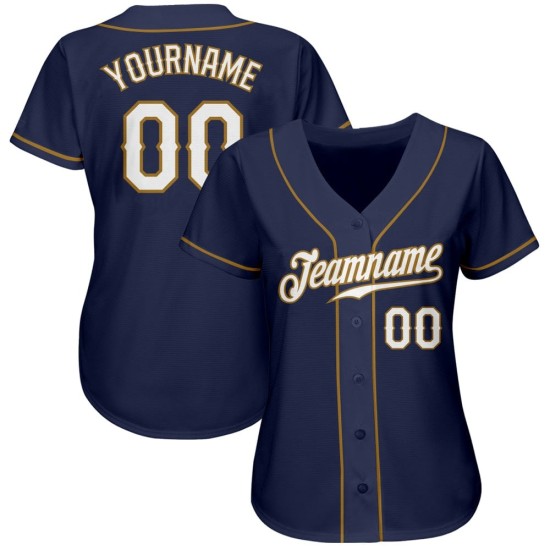 Camiseta de béisbol auténtica personalizada blanca y dorada azul marino