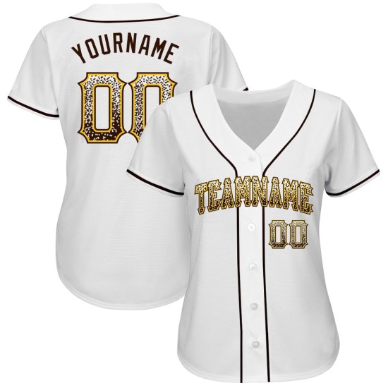 Camiseta de béisbol personalizada Drift Fashion auténtica blanca, marrón y dorada