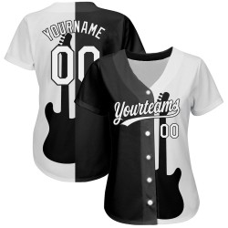 Camiseta de béisbol negra personalizada con diseño auténtico de guitarra y rock, con estampado de festival de música blanca 3D Camiseta de béisbol negra personalizada con diseño auténtico de guitarra y rock, con estampado de festival de música blanca 3D