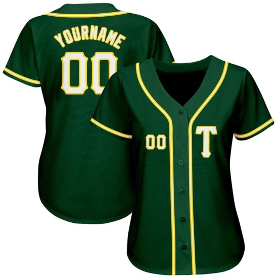 Camiseta de béisbol auténtica personalizada de color blanco y dorado verde