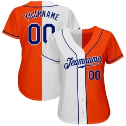 Camiseta de béisbol personalizada auténtica de moda naranja dividida azul real-blanco Camiseta de béisbol personalizada auténtica de moda naranja dividida azul real-blanco