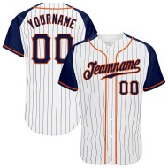 Camiseta de béisbol auténtica con mangas raglán y raya diplomática, color azul marino, personalizada, blanco, azul marino y naranja.
