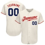 Camiseta de béisbol personalizada color crema, azul marino y rojo, auténtica