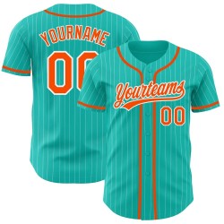 Camiseta de béisbol blanca auténtica con rayas color aguamarina personalizada y naranja