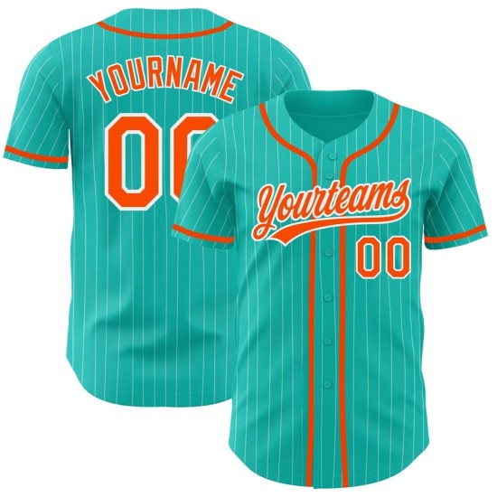 Camiseta de béisbol blanca auténtica con rayas color aguamarina personalizada y naranja