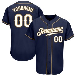 Camiseta de béisbol auténtica personalizada blanca y dorada azul marino