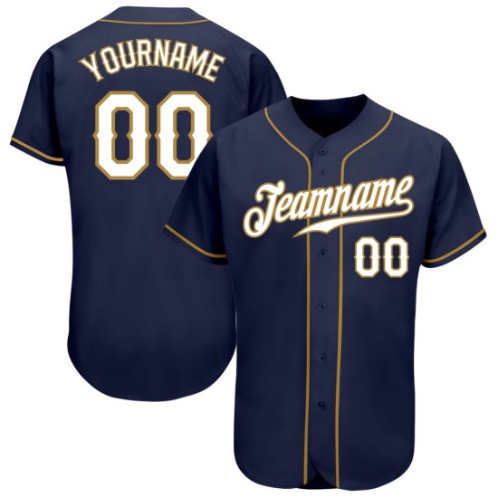 Camiseta de béisbol auténtica personalizada blanca y dorada azul marino