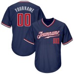 Camiseta de béisbol personalizada auténtica de punto acanalado, estilo retro, en rojo, blanco y azul marino.