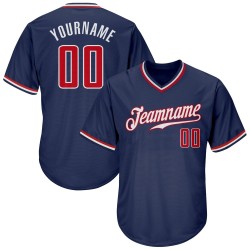 Camiseta de béisbol personalizada auténtica de punto acanalado, estilo retro, en rojo, blanco y azul marino.
