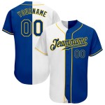 Camiseta de béisbol personalizada auténtica de color blanco dividido y dorado real.