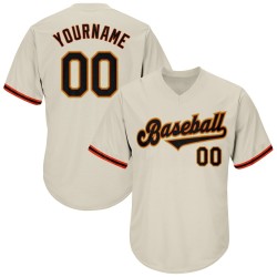 Camiseta de béisbol auténtica color crema, de punto acanalado, estilo retro, personalizada, color negro y naranja