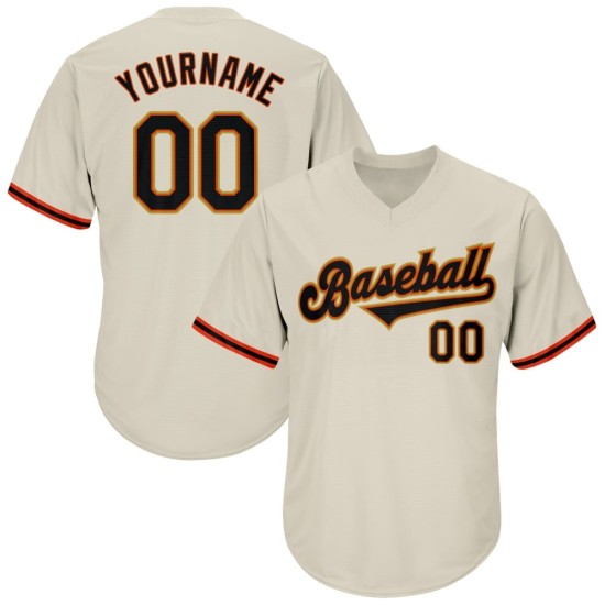 Camiseta de béisbol auténtica color crema, de punto acanalado, estilo retro, personalizada, color negro y naranja