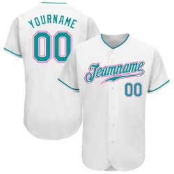 Camiseta de béisbol personalizada auténtica en color verde azulado y rosa, blanca