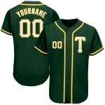 Camiseta de béisbol auténtica personalizada de color blanco y dorado verde