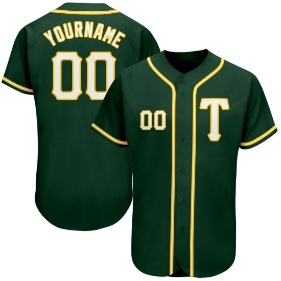 Camiseta de béisbol auténtica personalizada de color blanco y dorado verde