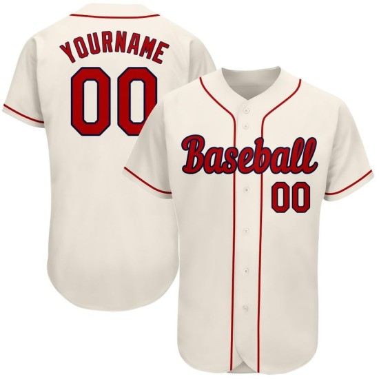 Camiseta de béisbol auténtica personalizada en tonos crema, rojo y azul marino
