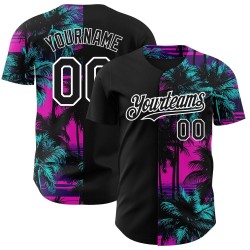 Jersey 3D Playa Rosa Árboles Diseño Auténtico Béisbol Palma Patrón Blanco y Negro Hawaiano Personalizado