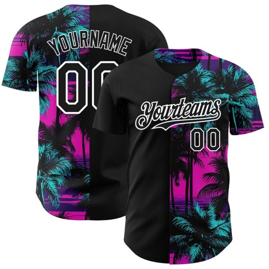 Jersey 3D Playa Rosa Árboles Diseño Auténtico Béisbol Palma Patrón Blanco y Negro Hawaiano Personalizado