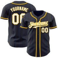 Camiseta de béisbol auténtica personalizada de rayas amarillas, azul marino y blanca