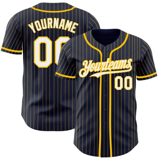 Camiseta de béisbol auténtica personalizada de rayas amarillas, azul marino y blanca