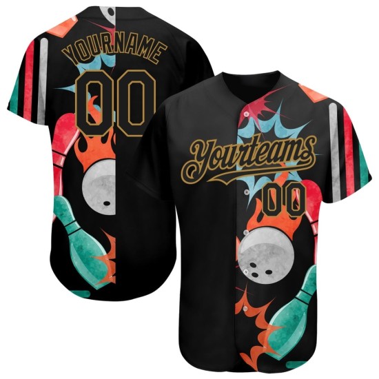 Camiseta personalizada con diseño dorado y patrón de bolos negro 3D, auténtica y antigua.